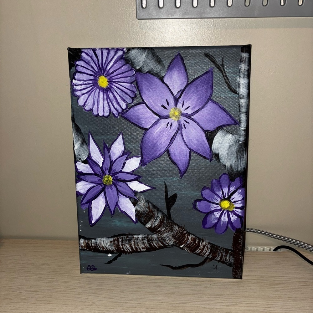 Purple Floral Canvas Hand Painted 9x12 Gray and purple Home Decor Wall Art